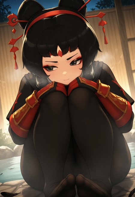 kizake,  outdoors, undershirt, falling feathers, black bodysuit, hair stick, hugging knees, knees to chest, gauntlets, eyeshadow, red gloves, two sides up, black capelet, red hairband, black eyes, 1girl, solo, feet, visible breath, dynamic angle, foreshortening, smell, steam, onsen, water