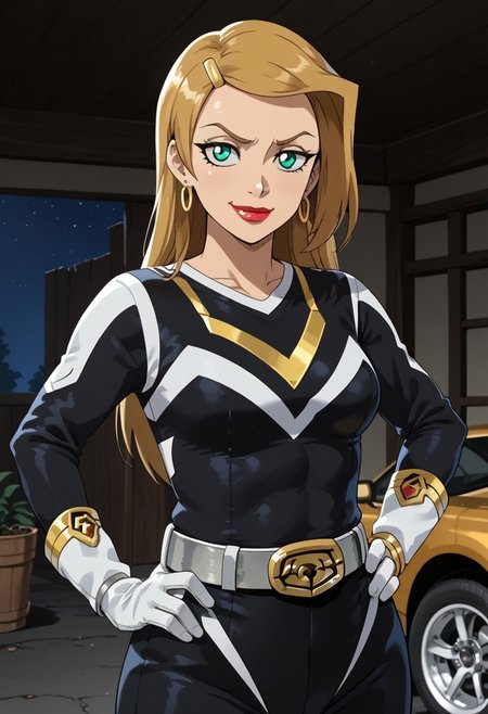 score_9, score_8_up, score_7_up, BREAK,
1girl, solo,  Sarah, green eyes, blonde hair, long hair, hairclip, earrings, lipstick, muscular, medium breasts, narrow waist, wide hips, sentaisaintforce, black bodysuit, silver belt, white gloves, spandex,  m-shaped chest symbol, helmet removed, no headwear,BREAK,
cowboy shot, smug, half-closed eyes, standing, hand on hip, indoors, garage, night,