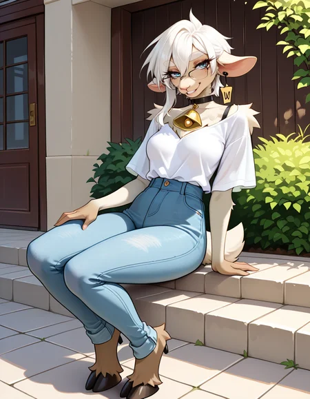masterpiece, best quality, very aesthetic, absurdres,
outdoors, casual, 
full body, posing, 
 seductive smile, parted lips, long eyelashes,
 <lora:Wilma_v01_NAIXL:1>
W11m4,1girl,solo,furry,furry female,animal ears,earrings,ear tag,white hair,short hair,hair between eyes,blue eyes,glasses,snout,mole under eye,animal nose,black choker,neck bell,body fur,white fur,tail,hooves,