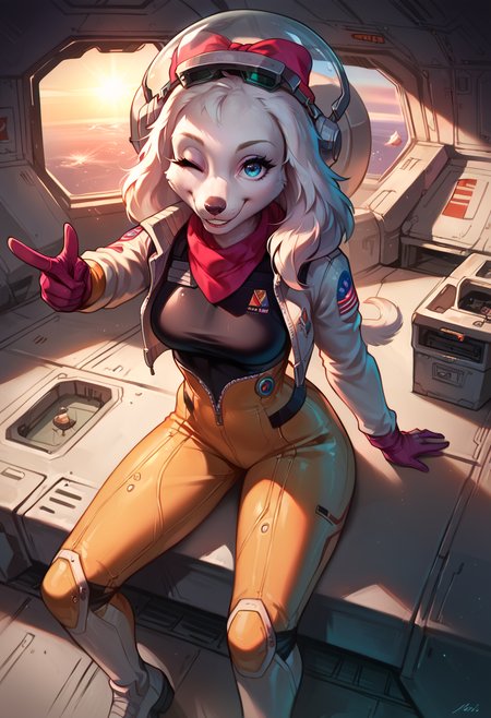 score_9, score_8_up, score_7_up, score_6_up,score_5_up,score_4_up, source furry, 1girl, fay, furry, cute, sexy,   finger gun, pointing at viewer,  one eye closed, smiling, white space pilot costume, space helmet, sitting down on pilot seat, busy, in fighter ship, in space port,  crowded,  <lora:Fay_Sinclair:1>, ZPDXL, <lora:more_details:1> <lora:Concept Art Ultimatum Style LoRA_Pony XL v6:1> smooth anime,
