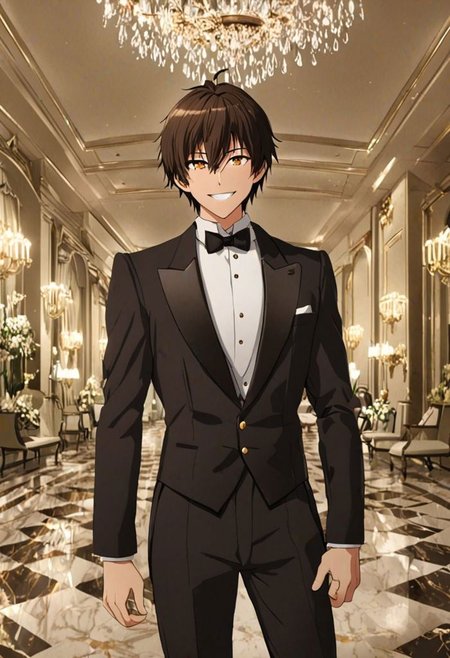 Highres, Masterpiece, High Quality, 4K, 8K, solo, 1Boy, Seiya Kanie, short dark brown hair, golden eyes, ballroom, luxury hotel, luxury room, marble floor, crystal chandelier, classic ornaments, tuxedo, smile, musterius, classy, confident, rich, easynegative, detailed_eye_model
