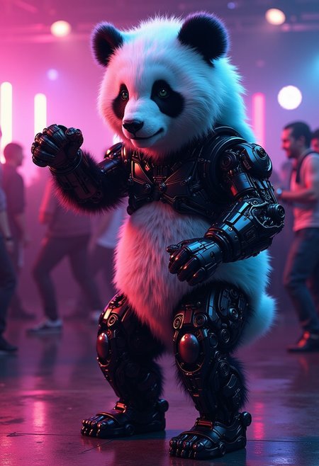 A digital artwork in the style of cknc, a full body portrait shot of an anthropomorphic biomechanical panda, doing the robodance in the Club, in Dancefloor  <lora:lora:1>  <lora:dvr-transformers-flux:1>