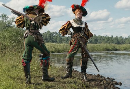 realistic, movie scene, 8K, 1 woman, ginger , beasts, shapely, closeup view,  dramatic action, dynamic angle, closeup, motley, multicolor, multiple boys, boots,hat, jewelry, plume, (armor:0.5),  sheath, weapon, holding harquebus, antique firearm, l4ndskn3cht,  outdoors, swamp, river fort in distance,<lora:landsknecht-SDXL:1>