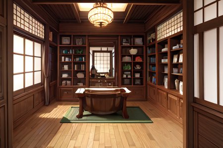 highly insanely detailed, masterpiece, top quality, best quality, highres, 4k, 8k, RAW photo, (very aesthetic, beautiful and aesthetic),  
(code_style,codestyle),japanese text, 
<lora:CodeStyle (half generic class)_564920:0>, 
(1girl:1.3), 1other, 
Grooming Area,Elegant space with polished ebony mirrors reflecting flickering candlelight,intricately carved wooden stools arranged neatly around a central basin,jars of fragrant oils and cosmetics neatly arranged on shelves,and servants standing by with combs and brushes,âââ