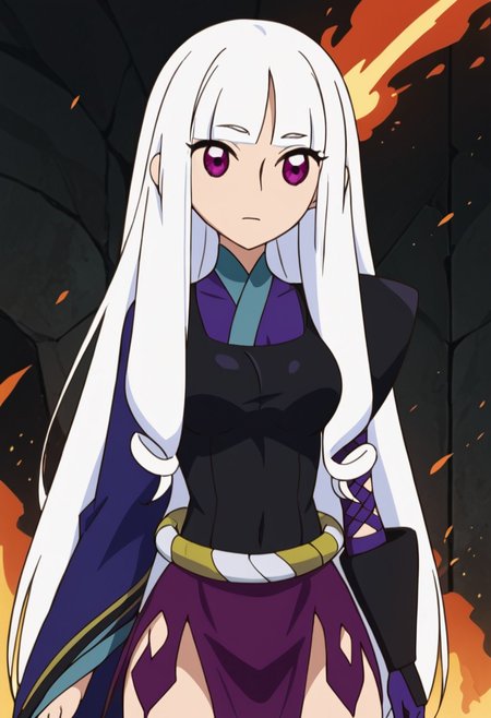 Togame, white hair, purple eyes, blunt bangs, long hair, Japanese clothes, burning clothes