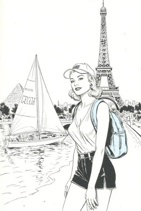 alexray1 drawing
a woman in a white tank top and black shorts. She is wearing a white baseball cap. She has a blue backpack on her back. Behind her is the Eiffel tower. To the left of the woman is a white sailboat. Behind the sailboat is a pyramid <lora:alexray1_nocap_d6a3:1.0><lora:815514925725312893:0>