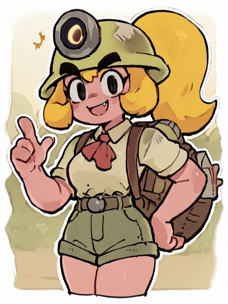goombella, thick eyebrows, 1girl, pink skin, helmet,blonde hair,fang,outdoors,shorts,   ponytail, score_9, score_8_up, score_7_up, score_6_up, score_5_up, score_4_up <lora:Goombella_PDXL:1>  <lora:PaperPeachPony1.0:1> , solid oval eyes, white outline,, smile, outdoors, looking at viewer, hand on own hip,