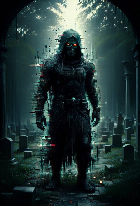 1monster, ghost warrior. dim light, intricate details, horror theme, cementary, detailed background,
BL4CK3STBL4CK, black_theme, matte_color, flat color,  glitch style