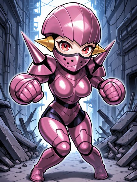 full armor,robot girl,robolady,1girl,solo,chibi,clenched hands,spikes,full body,pink thigh boots,looking at viewer,covered mouth,mouth mask,pink helmet,pink armor,shoulder spikes,pink gauntlets,purple bodystocking,incoming punch,ruins, factory, 
masterpiece,best quality,amazing quality,very aesthetic,absurdres,newest,<lora:Robolady illuXL v1:0.7>,