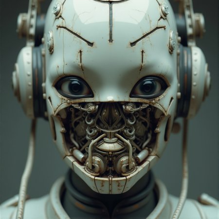 (geisha::0.9) (android robot face::2.2),white ceramic material,many mechanical details,seams, scuffing, rust,(camera lenses instead of pupils:1.5) (traditional intricate japan clothes:1.5) 
(style by Yuri Shwedoff),shallow depth of field, vignette,  (Fujicolor Superia X-TRA 400)