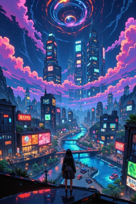 alien city beautiful cyberpunk landscape, cloudy sky, woman, very intricate, very detailed, sharp, bright, colorful, <lora:Hand v2:0.5> <lora:Anti-Blur:1><lora:Insane Detail Slider:0.25>  <lora:flux.1_lora_flyway_Epic-detail_v2:0.3> <lora:fluxenhancer:0.25> <lora:ROWER:0.6> <lora:flux-charmer-v1-1:0.4><lora:Vibrantly_Sharp_style_v.5:0.4> <lora:bv-cybstyenh-v1_rank16_bf16:0.6>  <lora:Anime_style:0.8> anime style