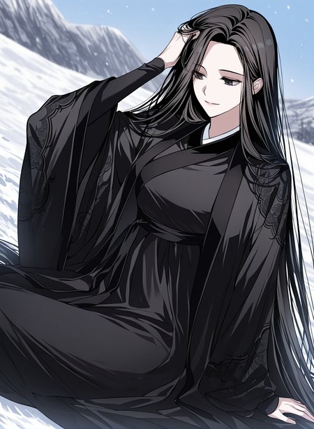 <lora:Seo_Baek_Hyang__SSS_Class_Suicide_Hunter__Illustrious:1>
1 girl, solo, ((black eyes)), black hair, long hair, straight hair,
black hanfu, long flowing robe, embroidered sleeves, wide sleeves, layered dress, sash belt,
score_9, score_8_up, score_7_up, very aesthetic, source_anime, detailed, high quality, beautiful, masterpiece, detailed eyes,, blurry background, pose dynamic angle, light smile, open mouth, hand on hair, sitting, snowy field background