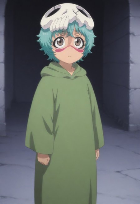 masterpiece, best quality, amazing quality,,, shiny skin,,,,,, skull hair ornament, green robe, <lora:illustriousXL Nel V1:1> Blue hair, brown eyes