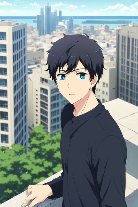 high resolution, solo, best quality, 1Boy, Arata Kaizaki, Portrait, Black Hair, Blue Eyes, high-rise, top of building, landscape, shallow depth of field, OverallDetail