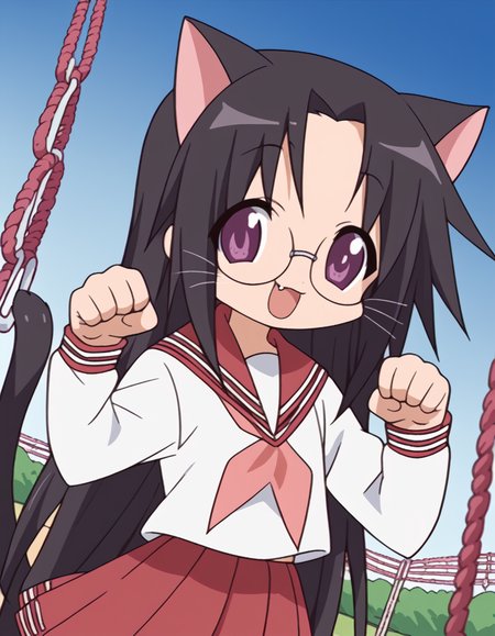 score_9, score_8_up, score_7_up, source_anime, <lora:hiyori-tamura-s1-ponyxl-lora-nochekaiser:1>, hiyori tamura, long hair, black hair, very long hair, purple eyes, glasses,, skirt, long sleeves, school uniform, pleated skirt, serafuku, sailor collar, neckerchief, red skirt, ryouou school uniform,, public park, playground, swing set, laughter, sunny day, smile, <lora:paw-pose-ponyxl-lora-nochekaiser:1>, paw pose, cat ears, cat tail, animal ears, tail, cat girl, open mouth, fang, whiskers,, looking at viewer, solo,, dutch angle, cowboy shot