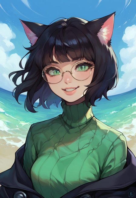 score_9, score_8_up, score_7_up, score_6_up, (high quality, masterpiece, 2d),
Fantasy, 1girl, solo, catgirl, animal ears, cat ears, black hair, bob cut, bangs, messy hair, cat tail, green eyes, small round rimless glasses, small breasts, looking at viewer, smile, parted lips, upper body, black robes, green sweater,
day, ocean, blue sky,