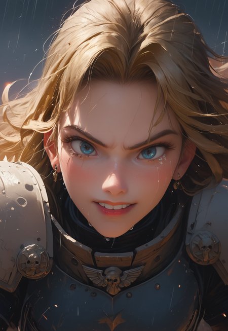 1girl, solo, 24 year old woman, large build, running:1.4, beautiful, long hair, blonde hair, freckles:1.4, face uplifted:1.6, looking up, looking at the sky, earrings, (fierce) grin:1.5, crying:1.5, teeth clenched:1.4, angry smile:1.5, wide hips, knight armor:1.5, heavy armor, gauntlets, greaves, bright blue eyes, rain falling on her face:1.5, tan skin, tears on chin, tears on cheeks, action pose:1.3,

dusk, after battle, muddy field, some grass, fallen soldiers around her:1.4, storming, dark gray sky, dark sky:1.4, streaming banners, battlefield, intense rain:1.3, dreary, raining, overcast, mountains and hills in the background,

score_9, score_8_up, score_8, masterpiece, best quality, official art, extremely detailed, CG unity 8k wallpaper, absurdres, high definition, photorealism:1.5, detailed shading, high contrast, ambient occlusion, vivid colors:1.5, saturated colors:1.6, 

dynamic angle:1.3, cowboy shot, cinematic, from above:1.3, dynamic lighting:1.4,

expressiveh, whites40k, tears, 