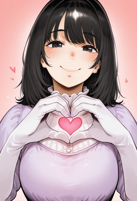 1girl, solo, medium build, medium hair, sfw, safe for work, covered skin, flowy dress,  black eyes, purple lipgloss, smiling, portrait, upper body, heart hands, foreshortening, detailed, newest, neisanILL,