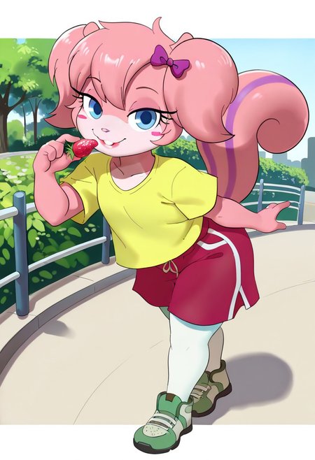 masterpiece, best quality, very aesthetic, absurdres,
outdoors, casual, 
full body, posing,  dynamic pose, dynamic_angle, close up, holding a strawberry, licking strawberry, seductive, kind eyes,
seductive smile, parted lips, long eyelashes,
 <lora:Twiggy_v01_NAIXL:1>
Tw166y,1girl,solo,furry,furry female,squirrel girl,pink hair,squirrel ears,short hair,twintails,hair bow,blue eyes,blush stickers,animal nose,buck teeth,body fur,pink fur,squirrel tail,