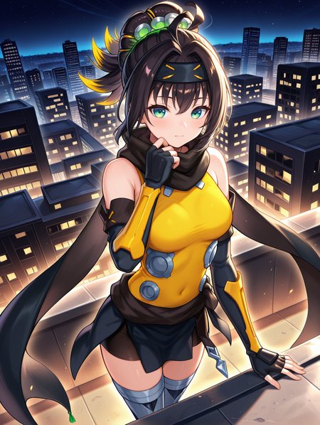 sp little knight,yellow sleeveless shirt,black forehead protector,black fingerless elbow gloves,yellow thigh boots,silver hair ornament,1girl,solo,standing,night sky,closed mouth,medium breasts,cityscape,black scarf,adjusting scarf,black gym shorts,black waist sash,on roof,
masterpiece,best quality,amazing quality,very aesthetic,absurdres,newest,<lora:Sp Little Knight & S-Force Rappa Chiyomaru illusXL v1.1:0.75>,