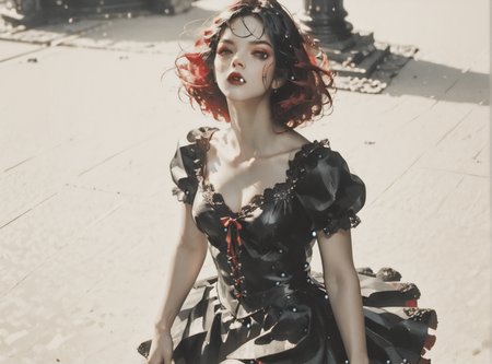score_9, score_8_up, score_7_up, Fighting scene, shot from above, looking up against all odds, 1girl, pale skin, medium breasts, <lora:sm0k3XLP:1>, <lora:goth_clothes:1>, vampire dress, black details, red lining, crimson red hair, black highlights, <lora:Our_Muted_Future_Style:1>, <lora:Coal_and_Oil:1>, in a spawling mining cavern,