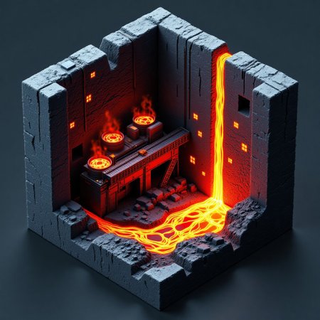 M1CR0CUB3D, A cubed world of cracked obsidian, lava flows and automated lava pumps. Underground: robotic forges and conveyor belts forging glowing alloys.