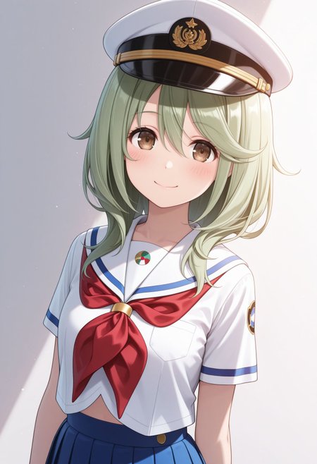 masterpiece,best quality,absurdres,highres,very aesthetic,high quality,detailed,insanely detailed,beautiful,perfect lighting, looking at viewer, 
<lora:Tsumugi Sakakibara illu:1>,hat, blue skirt, 1girl, school uniform, red neckerchief, smile, brown eyes, serafuku, green hair, pleated skirt, short sleeves, simple background, sailor collar, looking at viewer, peaked cap, white shirt, blush, white headwear, hair between eyes, closed mouth