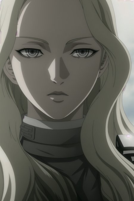 masterpiece, highquality, blonde hair, grey eyes, wavy hair, white outfit, shoulder armor, gauntlet skirt, raincoat ,  glowing_eyes, illuminance  <lora:Terezka:0.7>, (natural skin texture, hyperrealism, soft light, sharp:1.2)