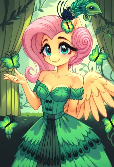 masterpiece, score_9, score_8_up, score_7_up, score_6_up, (best quality:1.1), ultra-detailed, high resolution, (solo), (1WOMAN), (ANTHROPOMORPHIC), (FLUTTERSHY) ((light pink hair:1.4)), (highly detailed styled hair:1.4), (green feather hair accessory:1.4), (beautiful detailed turquoise eyes:1.5), (soft smile:1.5), (wide cute innocent eyes:1.5), (thick lashes eyelashes:1.5), (light yellow shiny skin:1.5), (green peacock feather dress:1.5), (thin waist:1.5), (fair even breast:1.5), (five fingers:1.5), (green columns background:1.0), (green curtains:1.5), (golden hour:1.5), (soft golden lighting:1.5), (green butterflies background:1.5), (green vine leafs framing the image:1.5), (green feathers all around:1.4), (dynamic pose:1.5), high quality, sharp, the quality of ai art is frightening, highly detailed, Highly Visible, sharp focus, high detail, detailed background