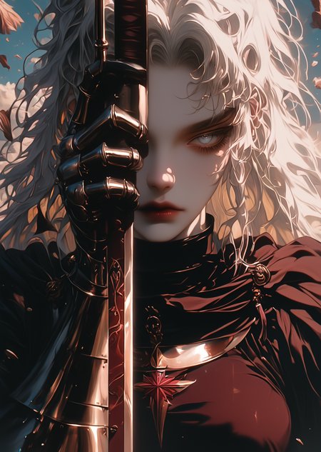 Score_9, score_8_up, score_7_up, score_6
(high-resolution, detailed texture, atmosphere)
(award winning, realistic, stunning, masterpiece, best quality, chiaroscuro, vibrant, colorful, absurdres)
4utumnD4rk4cademia 1girl, solo, long hair, looking at viewer, holding, closed mouth, weapon, white hair, sword, cape, holding weapon, armor, lips, grey eyes, holding sword, shoulder armor, gauntlets, pauldrons, red lips, knight, plate armor
(natural light, light particles) (detailed image, high resolution, 5k resolution)
<lora:Autumn Dark Academia Pony:1.7> <lora:add-detail-xl:1>
