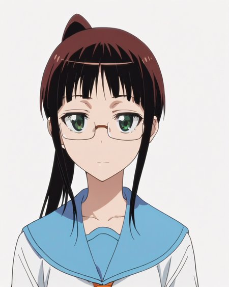 score_9, score_8_up, score_7_up, best quality, masterpiece, anime, anime screencap, anime coloring, looking at viewer, 1girl, solo, upper body, (simple background, solid white background:1.3), <lora:ruri-nisekoi:0.8>, ruri miyamoto, serafuku, school uniform, glasses, looking at viewer, closed mouth