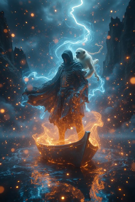 Hyper-realistic cinematic photograph of a skeletal grim reaper ferryman standing heroically on a burning wooden boat, floating on a cold dark river. The boat is engulfed in intense mystical blue flames, with shimmering blue reflections dancing across the water surface. On the reaper’s back clings a white-furred monkey with a sleek robotic head, its cybernetic eyes glowing faintly blue, tightly gripping onto the tattered cloak. The reaper wears a torn black robe emitting glowing white-gold particles that trail dramatically in the stormy wind. A soft, radiant white-gold aura surrounds both the grim reaper and the robotic monkey, illuminating the misty air around them. Dark jagged cliffs loom ominously in the background under a turbulent, lightning-filled sky. Mist drifts above the river, creating a surreal, ethereal atmosphere. Cinematic lighting, ultra-detailed textures, surreal dreamy mood, highly atmospheric, Flux model style, 8K resolution, moody and dramatic,Aura,Light particles