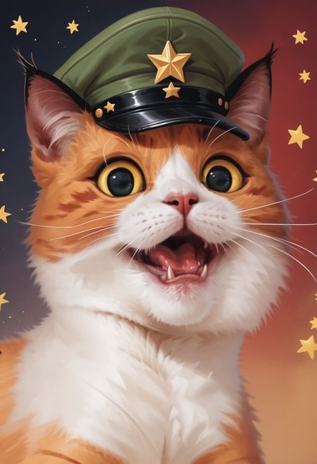 score_9, score_8_up, score_7_up, score_6_up, score_5_up, score_4_up, BREAK (childish crayon drawing, propaganda portrait of very happy comrade cat with red black star gradient background), ginger cat, green soviet peaked cap, background of red star shape, star gradient, red, black, propaganda poster, muted colors