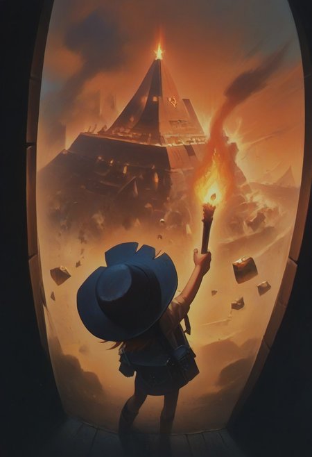 score_9,score_8_up,score_7_up,very aesthetic ,(masterpiece:1.4), (best quality), (colorful), (detailed), cinematic lighting, volumetric lighting,  rear view, inside the pyramid, dark room, red eyes, doorway, light from the doorway, stretches out his hand to the doorway, looks at sky , torch in hand, fedora, backpack,, solo girl, comis, dust, dust is falling from above, earthquake, exit , sunlight, oasis, desert, clouds, sandstorm, ochre sky