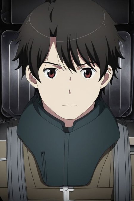 high resolution, solo, best quality, 1Boy, Portrait, Inaho Kaizuka, Black Hair, Pilot, cockpit, Jet Fighter,