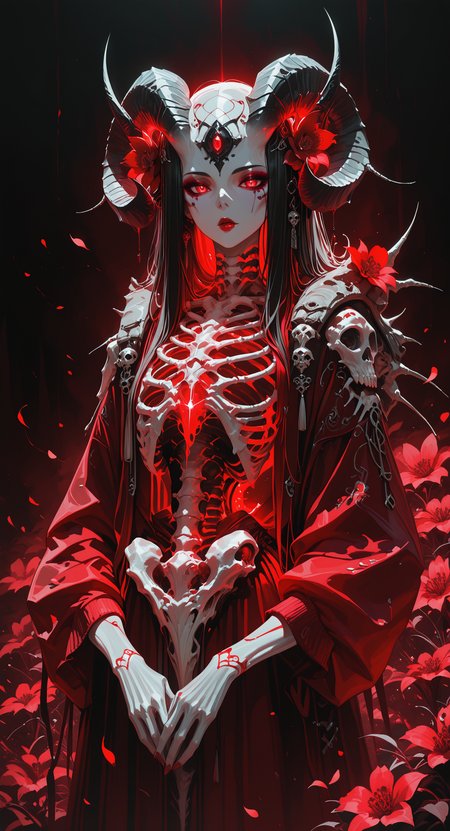 masterpiece, best quality, good quality, very awa, newest, highres, absurdres, 1girl, solo, looking_at_viewer, hair_ornament, red_eyes, dress, flower, horns, hair_flower, petals, makeup, colored_skin, glowing, red_dress, helmet, red_flower, lipstick, skull, red_lips, curled_horns, skeleton, bone, spine, animal_skull, limited palette, h4ra_illu <lora:illustriousXL_stabilizer_v1.23:0.3> <lora:NOOB_vp1_detailer_by_volnovik_v1:0.3> <lora:ponyv6_noobE11_2_adamW-000017:0.3> <lora:114558v4df2fsdf5:0.6> <lora:XXX667:0.4> <lora:-_iLL_-_the_edgy_mech_V2.0-:0.8>