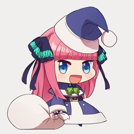 score_9, score_8_up, score_8,  ,,, zzPadoru, 1girl, smile, open mouth, blue eyes, simple background, hair ornament, long sleeves, white background, ribbon, holding, pink hair, :d, blunt bangs, black ribbon, butterfly hair ornament, holding sack,  ,<lora:PadoruMemePDXL:1.0>,   ,,, smile, looking at viewer,  ,,, embedding:zPDXL,  <lora:SDXLFaeTastic2400:0.5>,   <lora:nino-nakano-s1-ponyxl-lora-nochekaiser:0.8>,