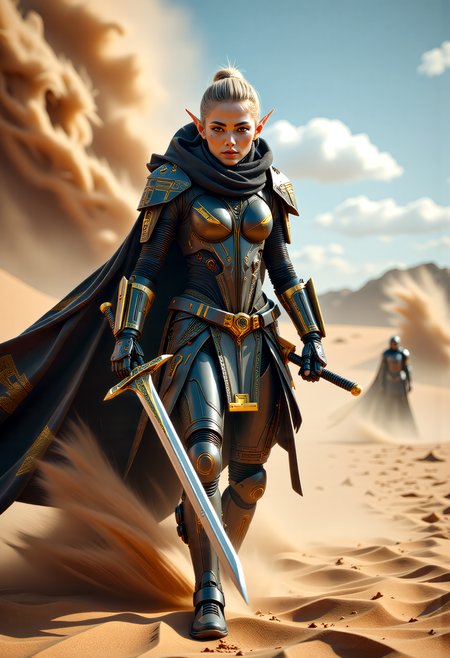 A cinematic scene unfolds in a desert landscape, where a Valenar Elf warrior, a fusion of ancient traditions and high-tech innovations, stands ready for battle. Her clothing, a blend of traditional elven attire and futuristic technology, includes a high-tech cloak and armor, enhancing her agility and protection. The warrior, with her sword drawn, faces the sandstorm, her determined expression capturing the essence of resilience and strength. This high-resolution photograph, with its dynamic composition, energetic pose, and hyper-realistic details, utilizes dramatic lighting and shallow depth of field to create a captivating image, leaving viewers enthralled by the warrior's beauty, power, and the mysteries of the desert's harsh environment.   <lora:scifi/fluxPunk_v1.safetensors:1.0>,  <lora:flux/Sinfully_Stylish_.02_for_FLUX-000002.safetensors:1.0>,  <lora:flux/perfection style v2d.safetensors:1.0>, perfection style, <lora:flux/ARTifacts>,