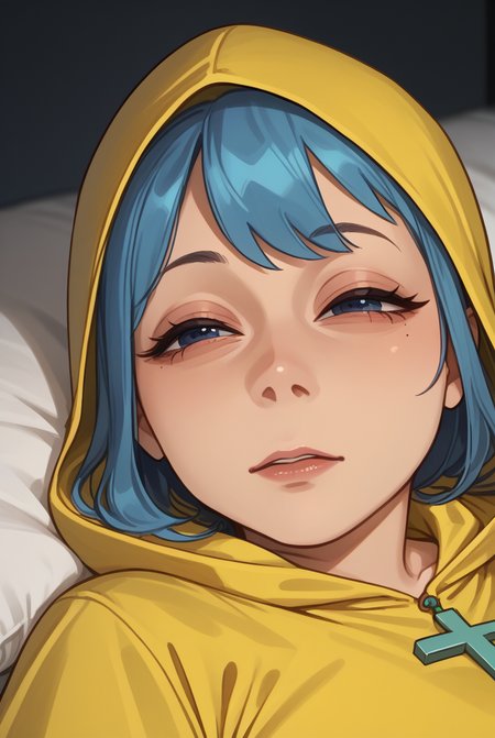 score_9, score_8_up, score_7_up, source_anime, 1girl,
 <lora:lmwkp_pdxl_EliPot:1.0>, lmwkp, half-closed eyes, pillow, on back, lying, on bed, upper body,
 <lora:luce-PD-1.0:0.9>, luce, yellow raincoat, blue hair,  cross