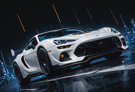 white super car, sci-fi, sleek and long, cyberpunk, dynamic, high speed turn, high-tech, dutch angle, foreshortening, (dark space :1), (flat lighting, flat color, flat design, no lineart:1), spot color, film grain, local spot color, neon, pearlescent, masterpiece, best quality, amazing quality, very aesthetic, absurdres, newest, mcnm,