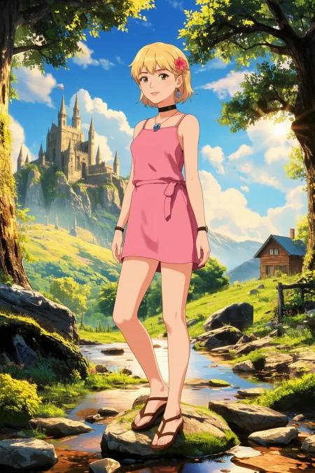 Barbadian pixie cut dirty blonde hair (young woman), (druid:1.2), anime, illustration, (extremely detailed), (portrait), (standing:1.2), (happy smile), flower in hair, glossy lipstick, celtic necklace, sphere earrings, loincloth, (sandals),  Pearl Pink (druid short dress), (legs), heels, (sharp focus),  fantasy, (beautiful celtic landscape:0.9), (small rock:0.9), (moss:0.4), (ripples, reflections:0.8), celtic  castle, (small river small pond:0.5), druid forest, (druid village:1.2), (stunning nature environment:0.8), (enchanted land:0.5), clovers, (Pastel Green flowers:0.9), leaves,bright (sunny sky), (sunset:0.3), best quality, colorful, wet floor, raytracing, hdr, high contrast, ethereal natural lights, backlight, (lens flare:0.4), shadows, (vibrant colors, colorful):0.6, pretty, beautiful, happy, smiling, feminine, sexy, lovely, in love, adorable, fashion,  <lora:Hand v2:1> <lora:Anti-Blur:1> <lora:RetroAnimeFluxV1:0.4> <lora:Luminous_Shadowscape:0.4>  <lora:SujatmikoArafuru_Flux:0.2> Suzume style