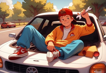 score_9, score_8, score_7, young, looking at viewer, perfect face, colorful, dramatic angle,  jumpsuit, wrench in hand, sitting on car, sneakers, car repair, smile, red hat, backwards hat, brown hair, freckles, 1boy, solo, full body.