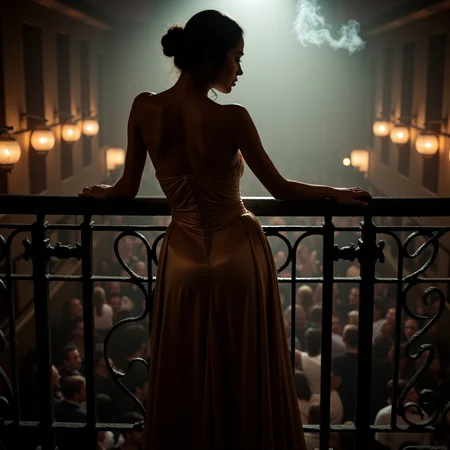 ultra realistic, ultra defined textures, cinematic, cinematic lighting, atop a wrought-iron balcony overlooking a crowded speakeasy, a woman leans on the railing, her long satin gown shimmering in the dim, ambient light. Her lace undergarments peek discreetly through a slit in the fabric, hinting at her allure. A backlight creates a striking silhouette, while a soft-focus lens captures the dreamlike haze of cigarette smoke swirling in the air. The angle, shot with a Contax II, frames her poised yet mysterious demeanor against the lively chaos below,  chiaroscuro, noir style <lora:noirsexyxxx:1>