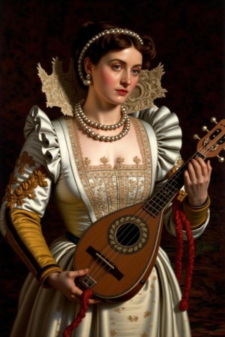 williamhhunt1 painting. 
A woman from the Renaissance period, wearing a luxurious white gown with intricate gold-embroidered details along the bodice and puffed sleeves. Her attire includes a high lace-up collar with delicate lace and pearl accents. She is playing a lute. <lora:williamhhunt1_cap_d6a3e9:1.0><lora:838051727228927820:0>