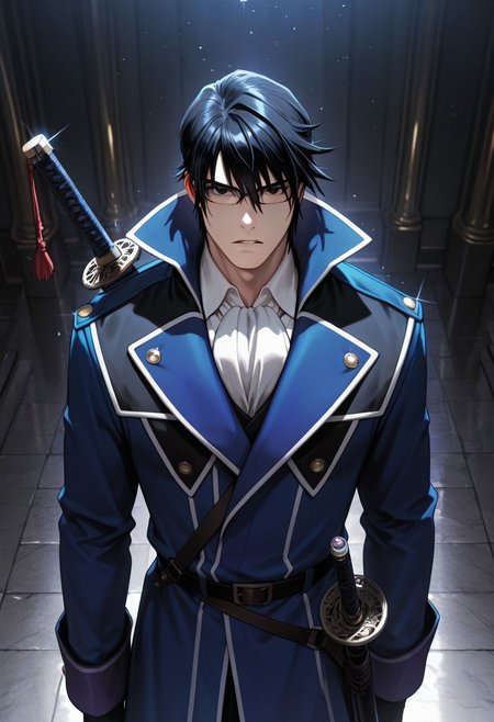 masterpiece, best quality, amazing quality, absurdres, newest, detailed background, definition so sharp, Ultra-HD, 8K cinematic, very awa, impressionate, amazing quality, highres, 
solo, male focus, manly, mature male, bara, cool coloring, aesthetic,
reishimunakata, reishi_black hair, reishi_black eyes, 1boy, short hair, glasses, blue coat, white collared shirt, ascot,
parted lips, serious face, charming, sparkle, looking at viewer, focus on sword, sword on front face, standing,
