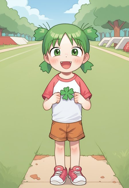 score_9, uncensored, source_anime
BREAK
yotsuba, raglan sleeves, shorts, green eyes, green hair, quad tails, 1girl, brown shorts, clover, smug, fangs, four-leaf clover, full body, green eyes, green hair, looking at viewer, meme, open mouth, shirt, shoes, short hair, short sleeves, shorts, sneakers, standing, white shirt, outdoors
<lora:opossumachine_pony_v1_adafactor:1> <lora:Yotsuba_Koiwai_-_Yotsuba:1>