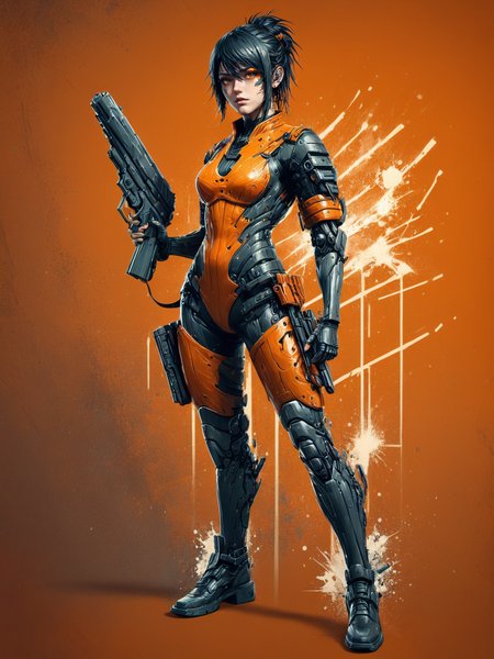woman standing holding gun, mad-cbrpnksplshrt <lora:Splash_Art_SDXL:1.2> orange background, (masterpiece:1.2), best quality