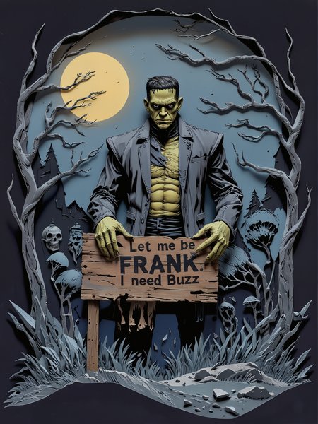 Paper Quilling / Layered Paper, textured and dimly lit with deep shadows, G-Rated high quality Paper Quilling / Layered Paper of Frankenstein's Monster holding a sign that says "Let me be Frank: I need Buzz" from a 1970's horror movie, gloomy lighting, muted colors, deep blacks in the image, short flat hair, Real-Faceji, PROKUDINGORSKII, h4mm3r, Comic book style, Paper Quilling, Layered Paper
1938, Transylvania Mountains, a foreboding and eerie night. A full moon casts an ominous glow through the sparse trees, casting long shadows across the rocky terrain. The air is heavy with mist, chilling to the bone.

In the center of this desolate scene stands Frankenstein's Monster, his pale green skin almost glowing in the dim light. He towers over the landscape, his awkward gait and stiff limbs giving him a lumbering appearance as he approaches a dilapidated wooden sign post. The monster holds a hand-painted wooden sign, its letters crooked and uneven - "Let me be Frank: I need Buzz".

Frankenstein's face is a grotesque parody of humanity, with sunken eyes that seem to bore into the soul and a flat, expressionless nose. His short, stubby hair sticks out in every direction, framing his wide, brutish forehead. A few strands cling to his cheeks, dampened by the mist.

The monster's clothing is tattered and worn, strips of torn fabric hanging from his broad shoulders and muscular arms like ragged wings. His massive hands grasp the sign with a vice-like grip, fingers curling around the wooden slats as if they might crumble at any moment.

In the background, twisted trees loom like skeletal sentinels, their branches reaching out towards the monster like bony fingers. The moon casts an eerie glow through the gaps in the foliage, illuminating the monster's hulking form and casting deep shadows across his features.

The camera angle is low, looking up at the monster from a slight incline, emphasizing his towering height and imposing presence. The lighting is harsh and unforgiving, with the moon's pale rays highlighting every contour of the monster's green skin and making his eyes seem to gleam with an unnatural intelligence in the darkness.

The image is rendered in muted colors, with deep blacks and dark grays dominating the palette. Only the moonlight and the faint glow of the monster's skin inject a hint of warmth into the otherwise bleak scene. The texture of the paper quilling and layered design adds a tactile quality to the illustration, as if the very essence of the monster has been captured in intricate folds of green and black.,