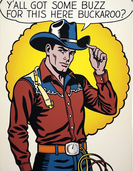 a dilchtnstn style pop art comic drawing,  <lora:Roy-Lichtenstein_v20-000037:1>,  A cowboy tipping his hat with a lasso in hand, a speech bubble saying, "YâALL GOT SOME BUZZ FOR THIS HERE BUCKAROO?" close-up, straight-on angle