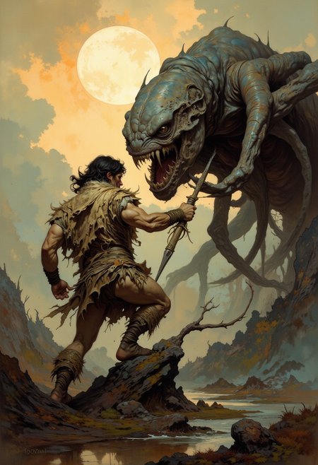 score_9, score_8_up, score_7_up, 8k high quality digital painting, masterpiece, very detailed, ultra realistic, (best quality) very detailed epic masterpiece, boris vallejo style, frank frazetta style, realistic oil painting, retro artstyle, full body, side view, backlight, we see a primeval muscular cave-man in fur clothing fighting a big spider-like monster with big teeth, sundown, the setting sun casts long shadows, backlight, swampy landscape, action movement, screamingfairytale-like, realistic detailed oil painting style Rembrandt style, Vermeer style, heroic fantasy, realistic, realism, full body